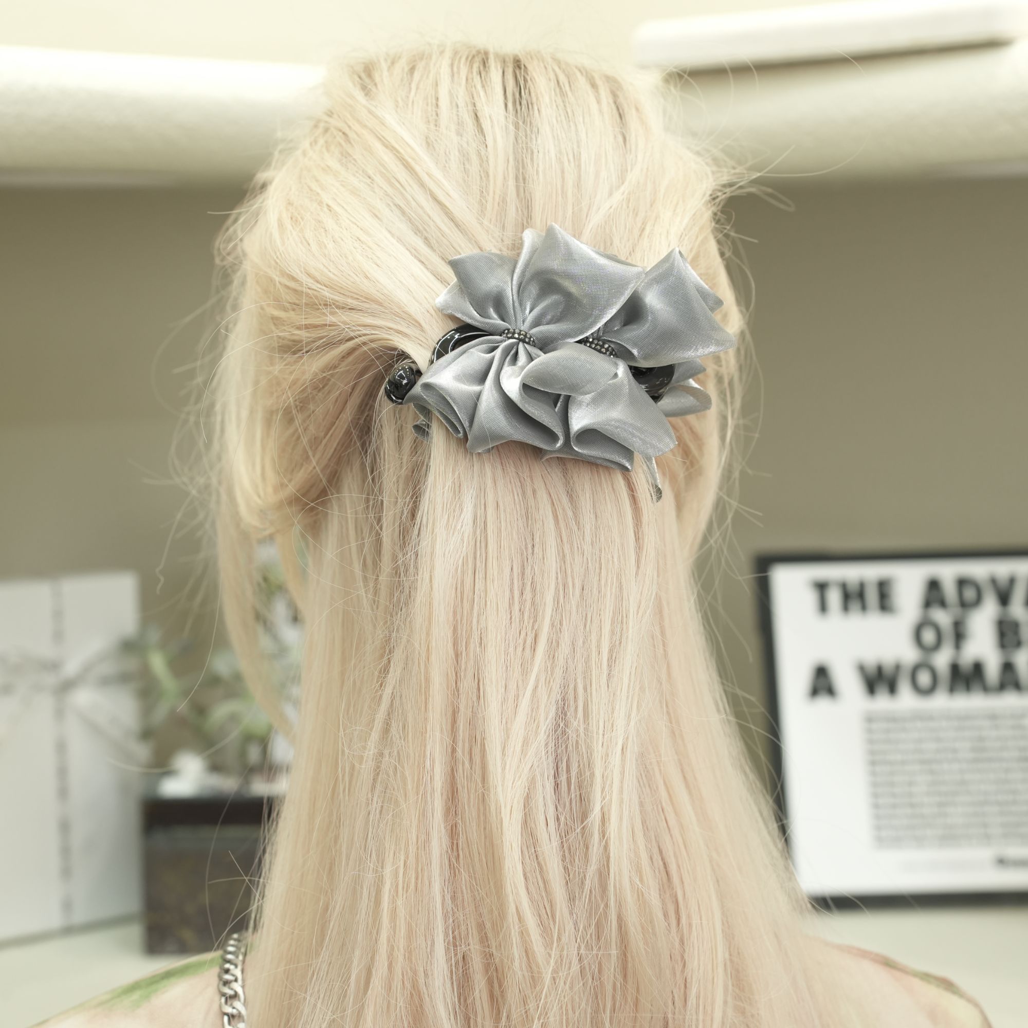 【香蕉夹08】银灰亮纱蝴蝶结香蕉夹  定做加厚底夹 发量多必入