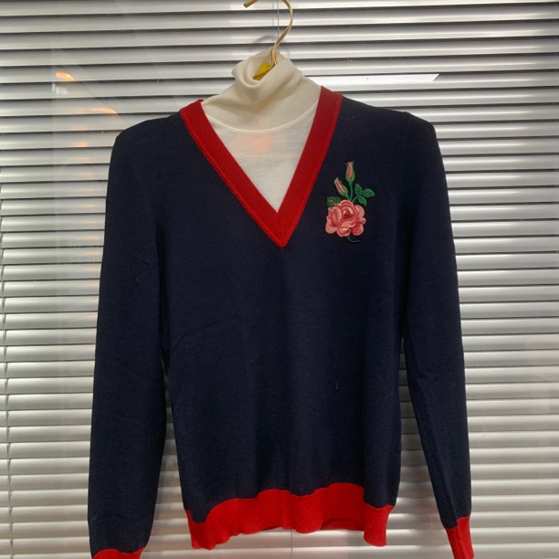 99新 GUCCI/古驰 撞色刺绣花朵高领针织衫/S码/D01939