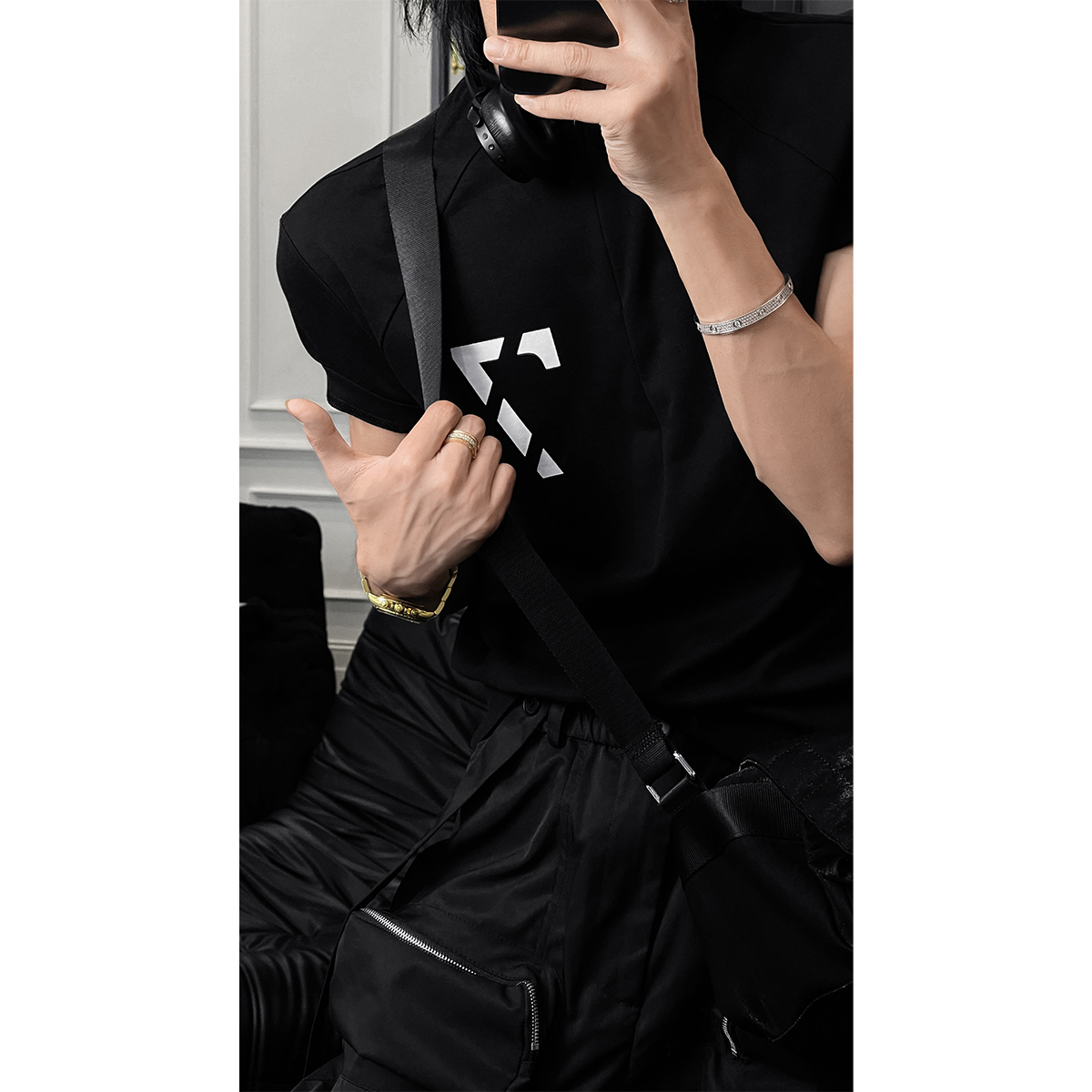 龙叨叨夏季新品美式潮牌半拉链小立领设计感印花运动短袖T恤男