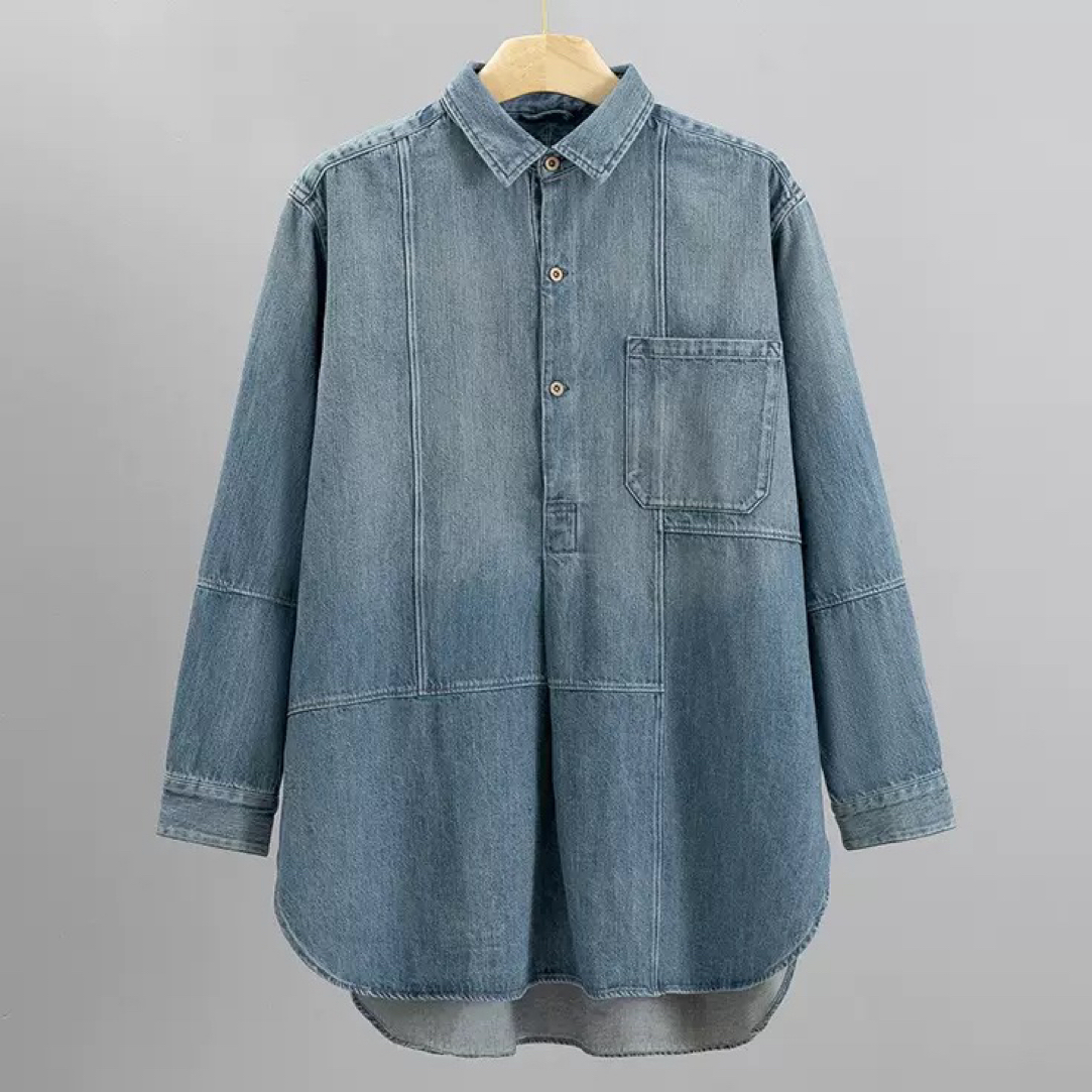 牛仔拼布口袋廓形早秋套头长袖衬衫上衣