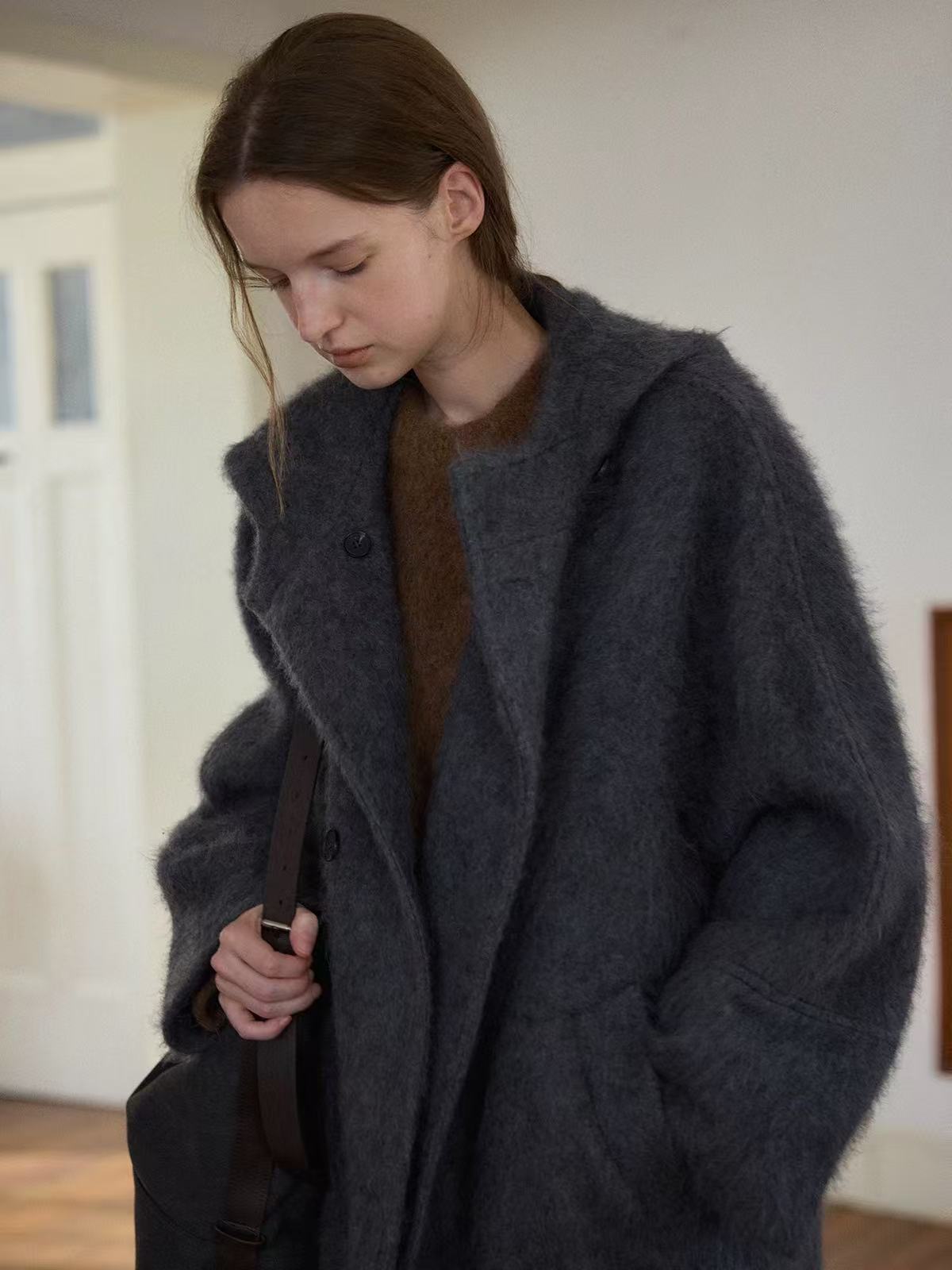 秋冬休闲风连帽拉毛羊毛混纺大衣