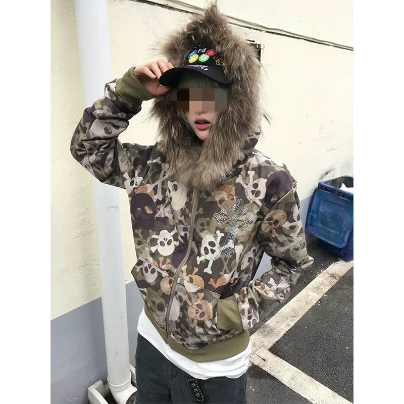 骷髅迷彩毛领连帽外套女座山雕设计感秋冬y2k亚文化穿搭朋克卫衣