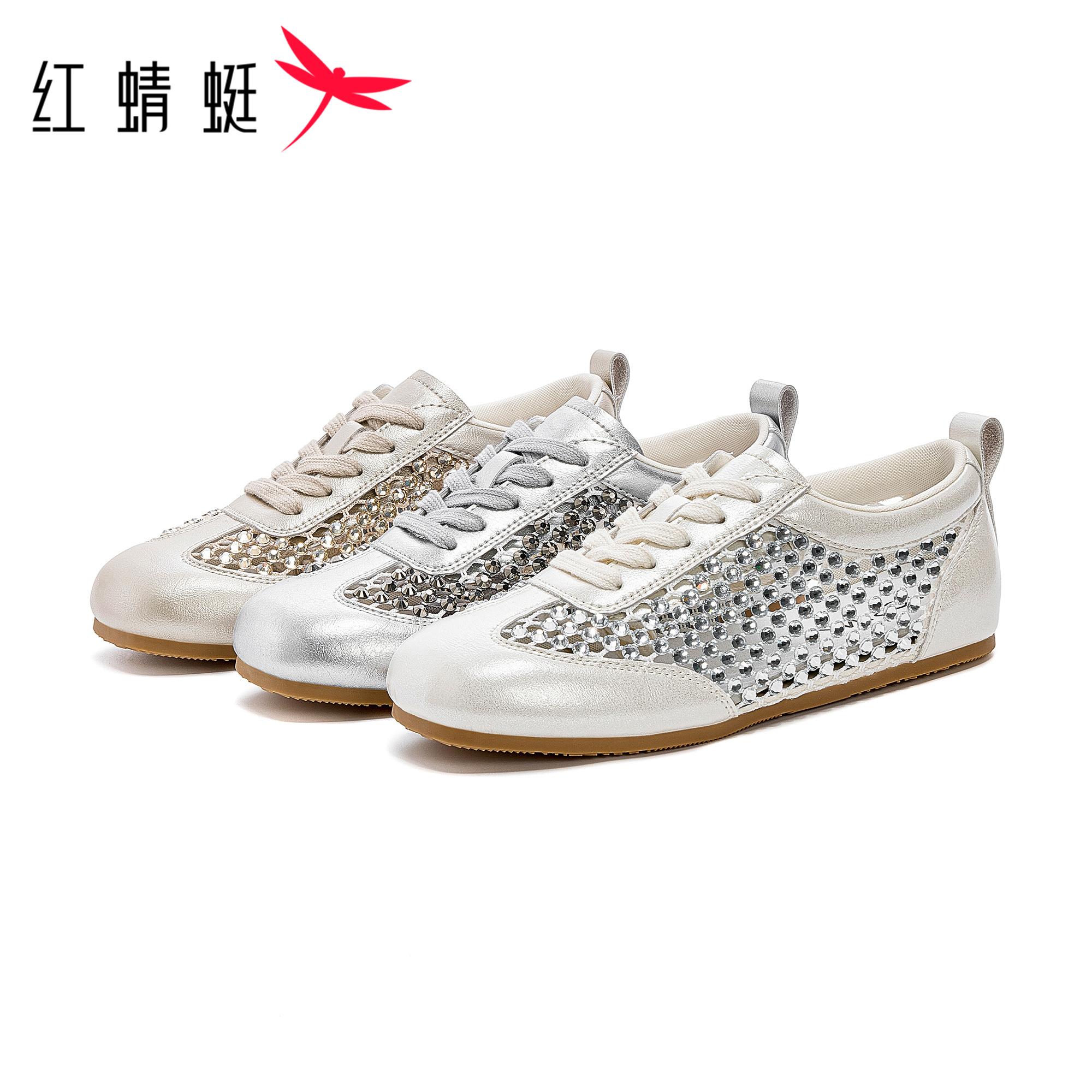 红蜻蜓春夏季新款平底透气水钻镂空时尚休闲鞋时尚百搭网面平底