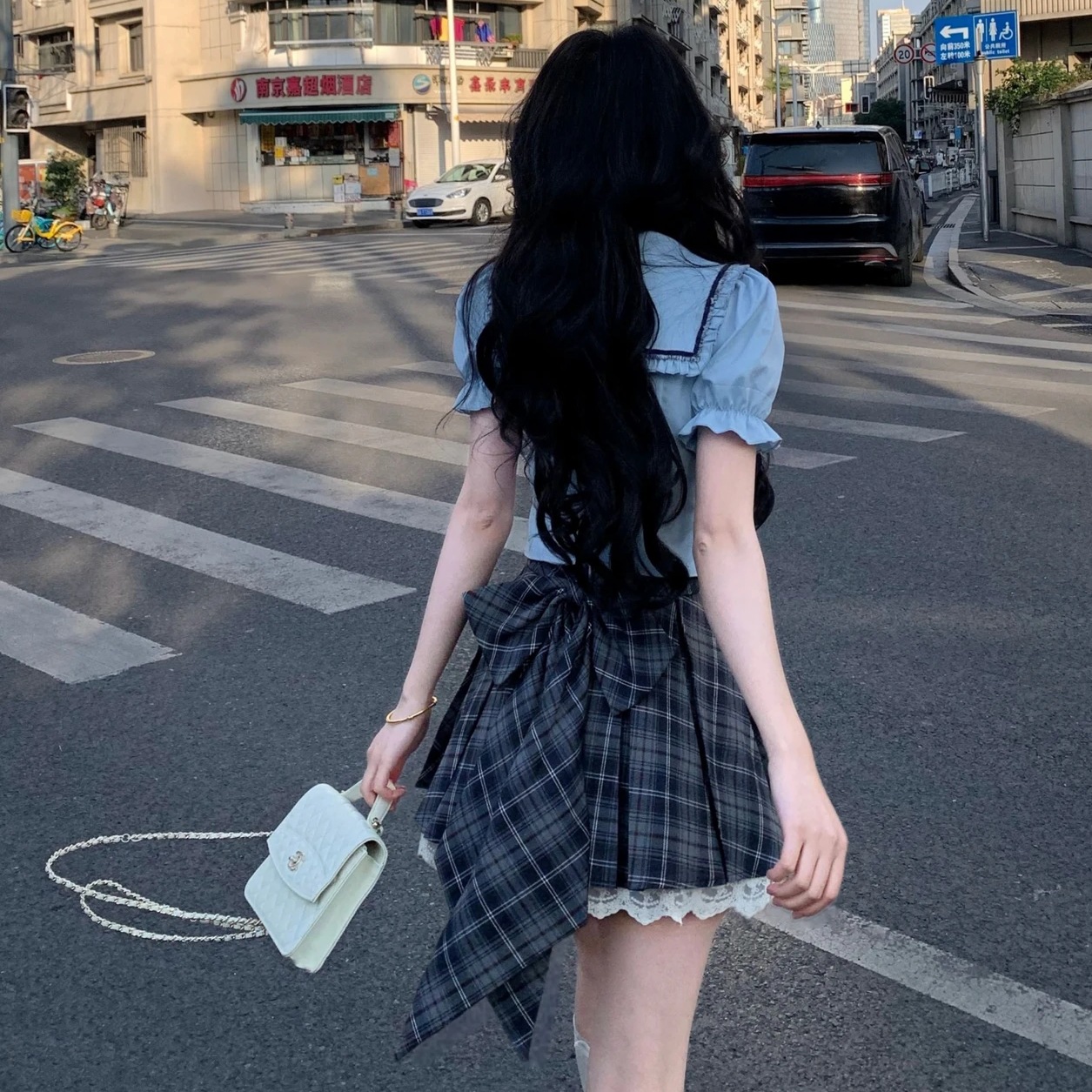 婷婷子定制【蓝屿格】微胖学院风甜美高腰格纹百褶短裙