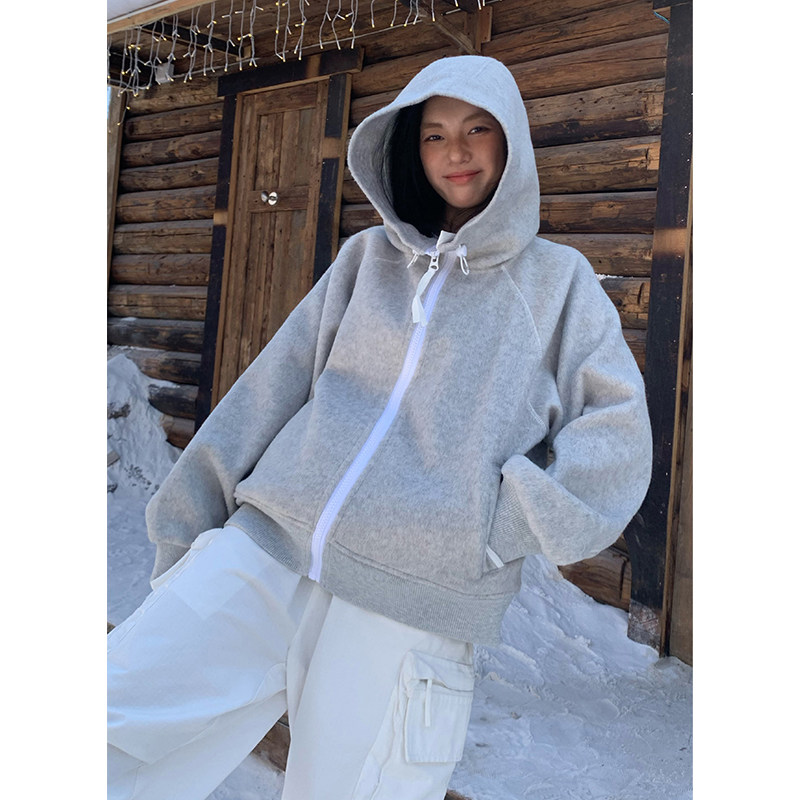 美式休闲夹棉保暖卫衣女美式帽衫棉衣外套男女情侣秋冬保暖外套潮