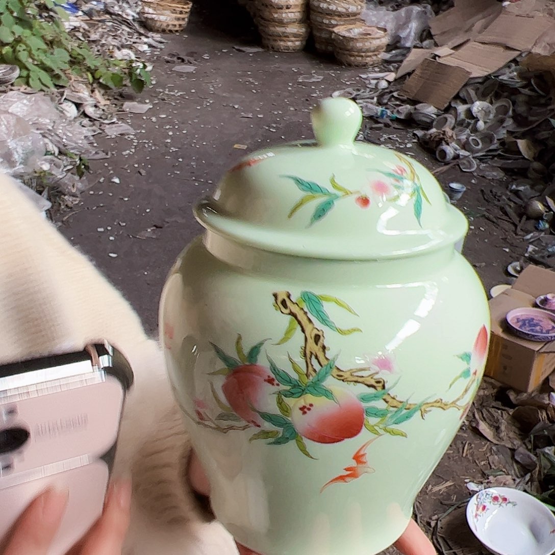 摆件陶景德镇绿xixi寿桃罐