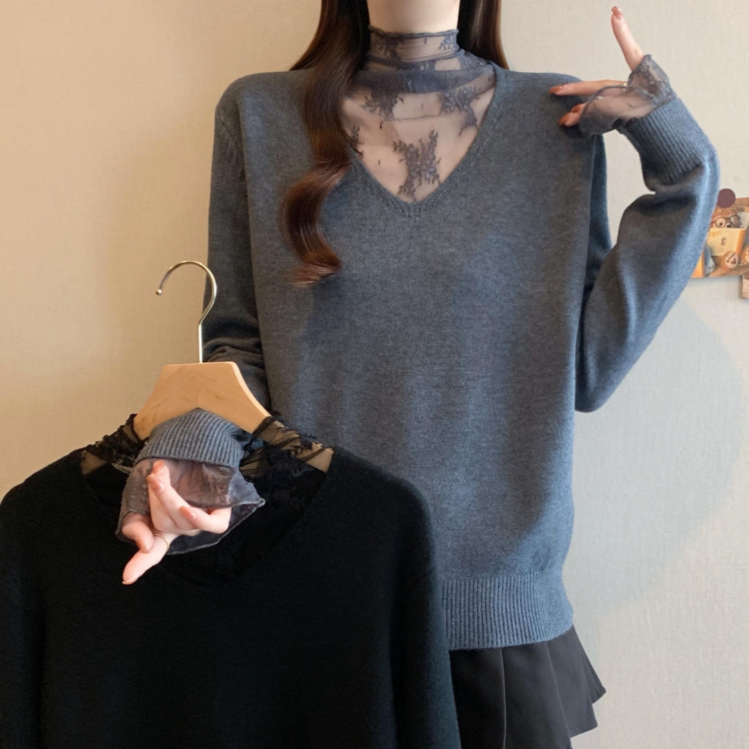 档口实拍秋冬新款大码甜美减龄法式温柔蕾丝拼接半高领毛衣打底衫