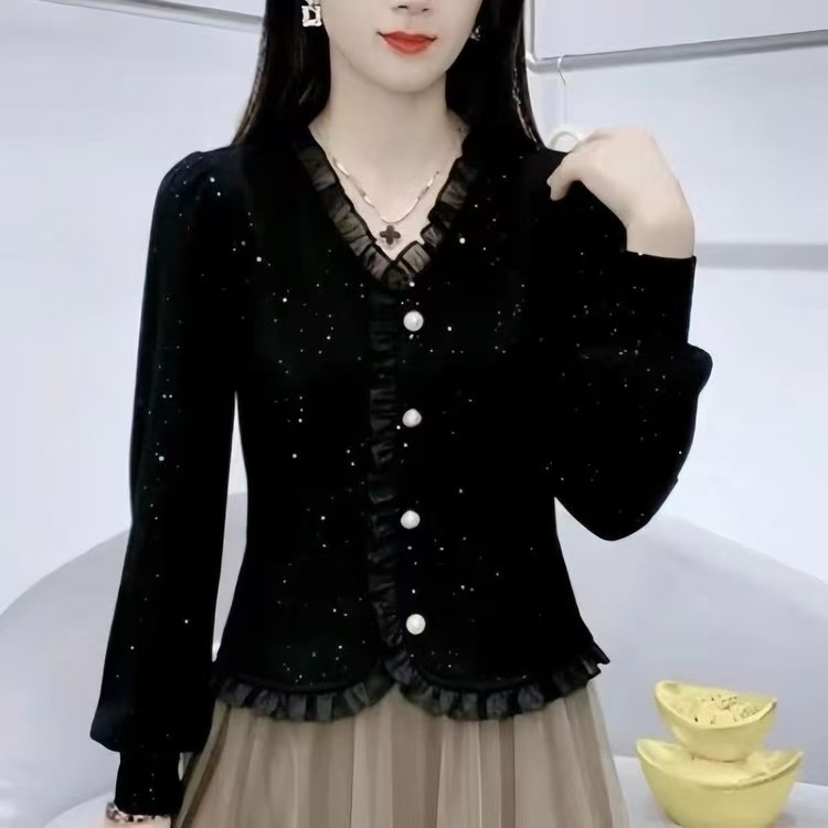 亮闪闪蕾丝打底衫女2025春季新款洋气T恤小个子独特小衫别致上衣