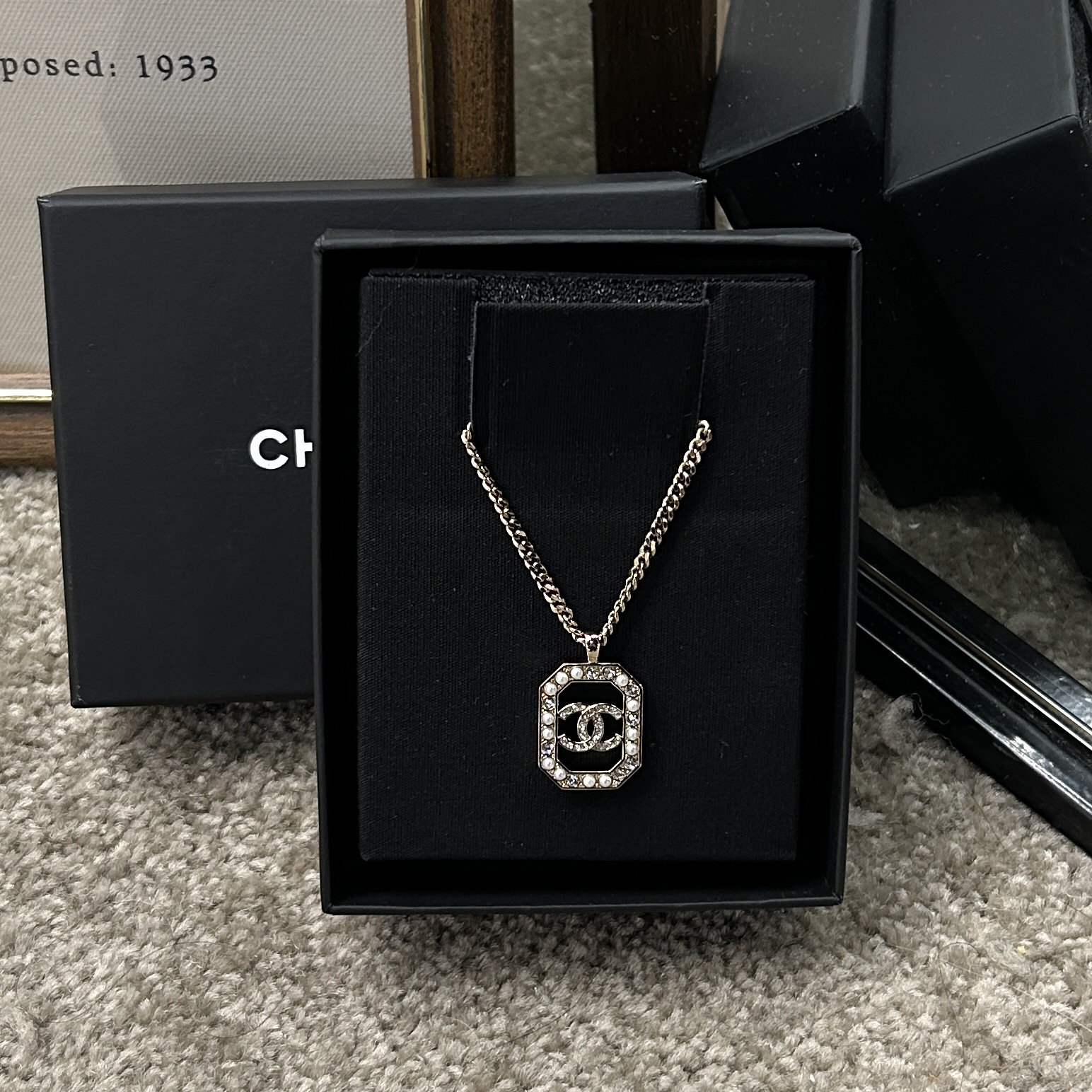 99新 Chanel/香奈儿 23B珍珠水钻镂空双c项链 