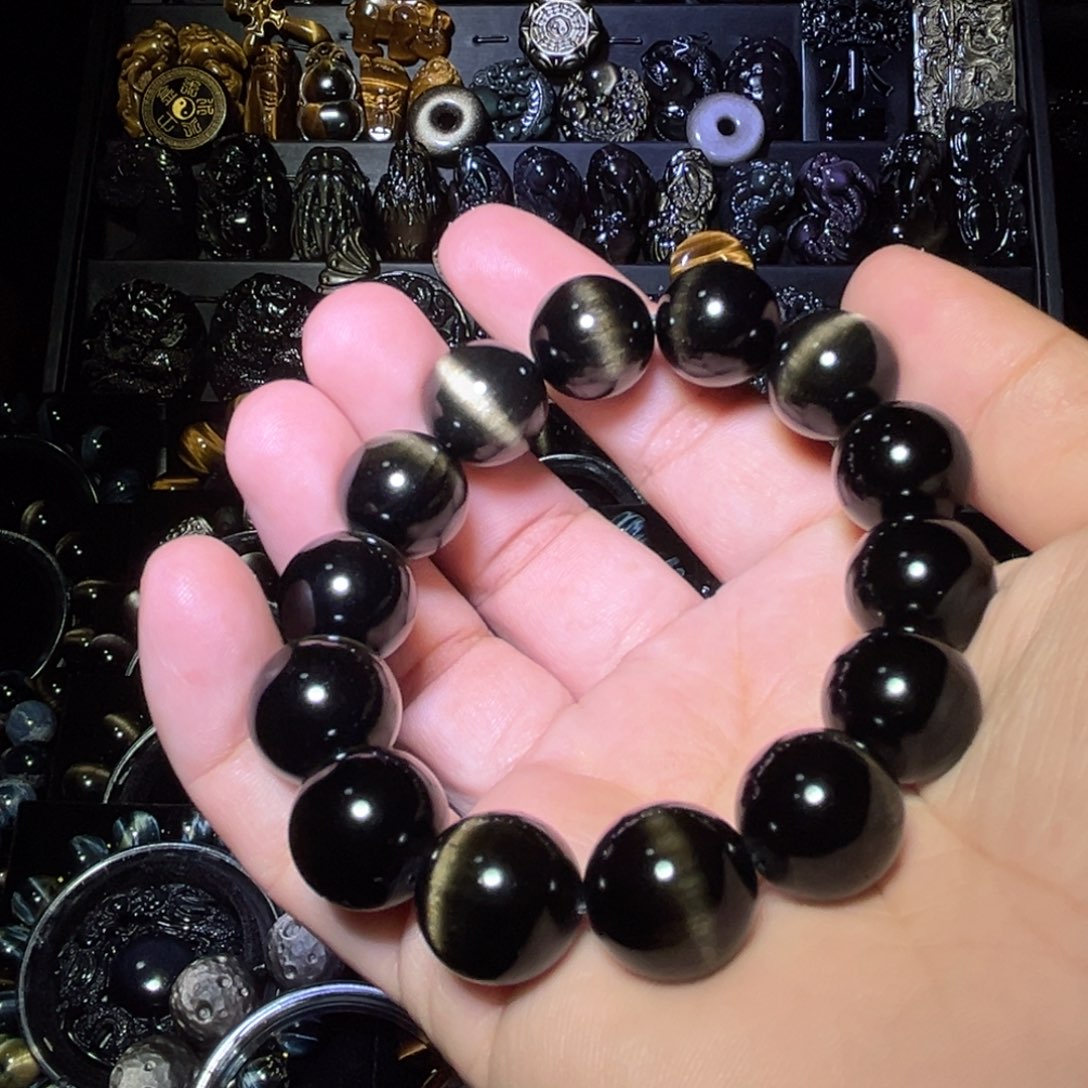 未镶嵌黑曜岩手链澤*潤天然金曜石顶级一线金刚圈16mm