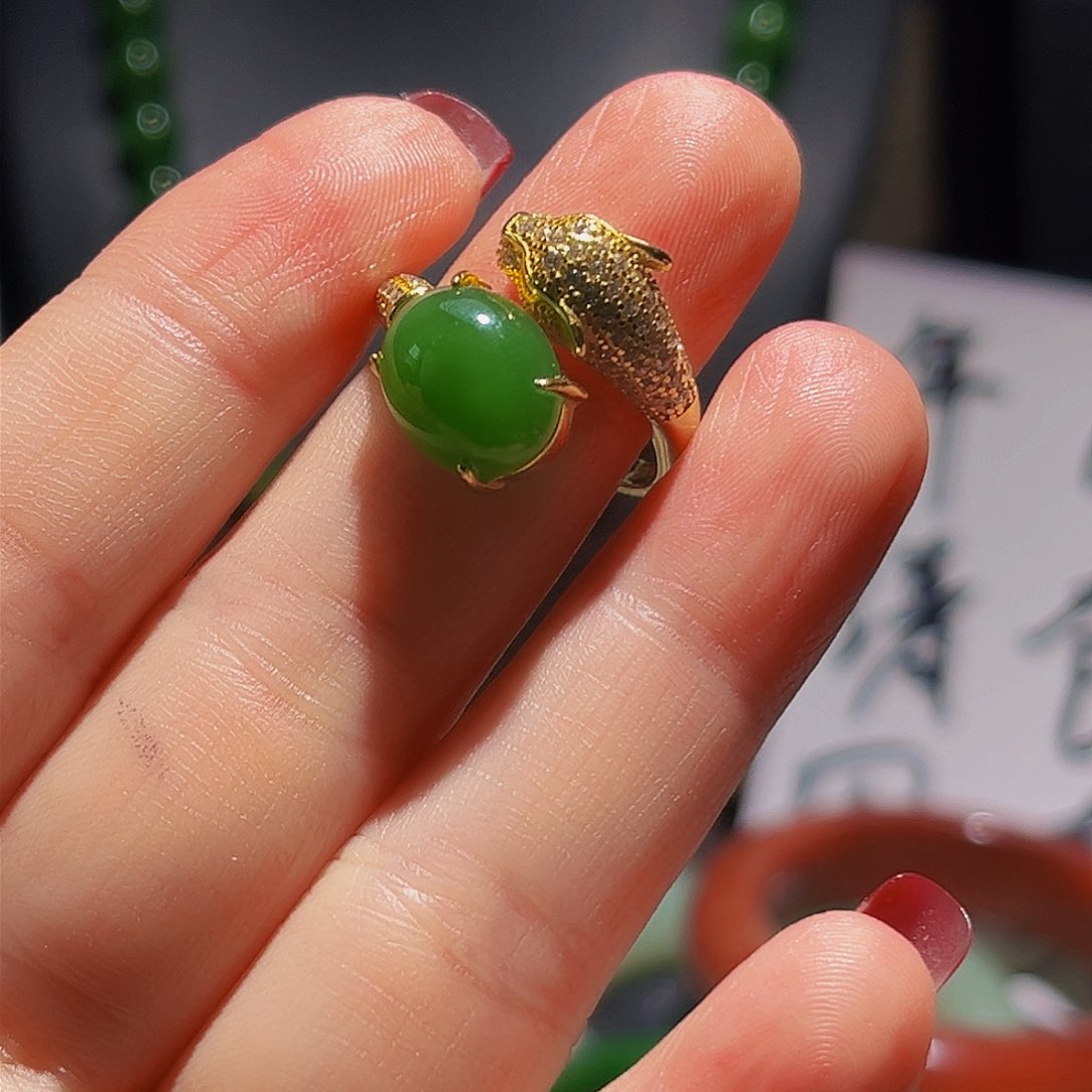 银S925镀金镶嵌戒指和田玉半**啡