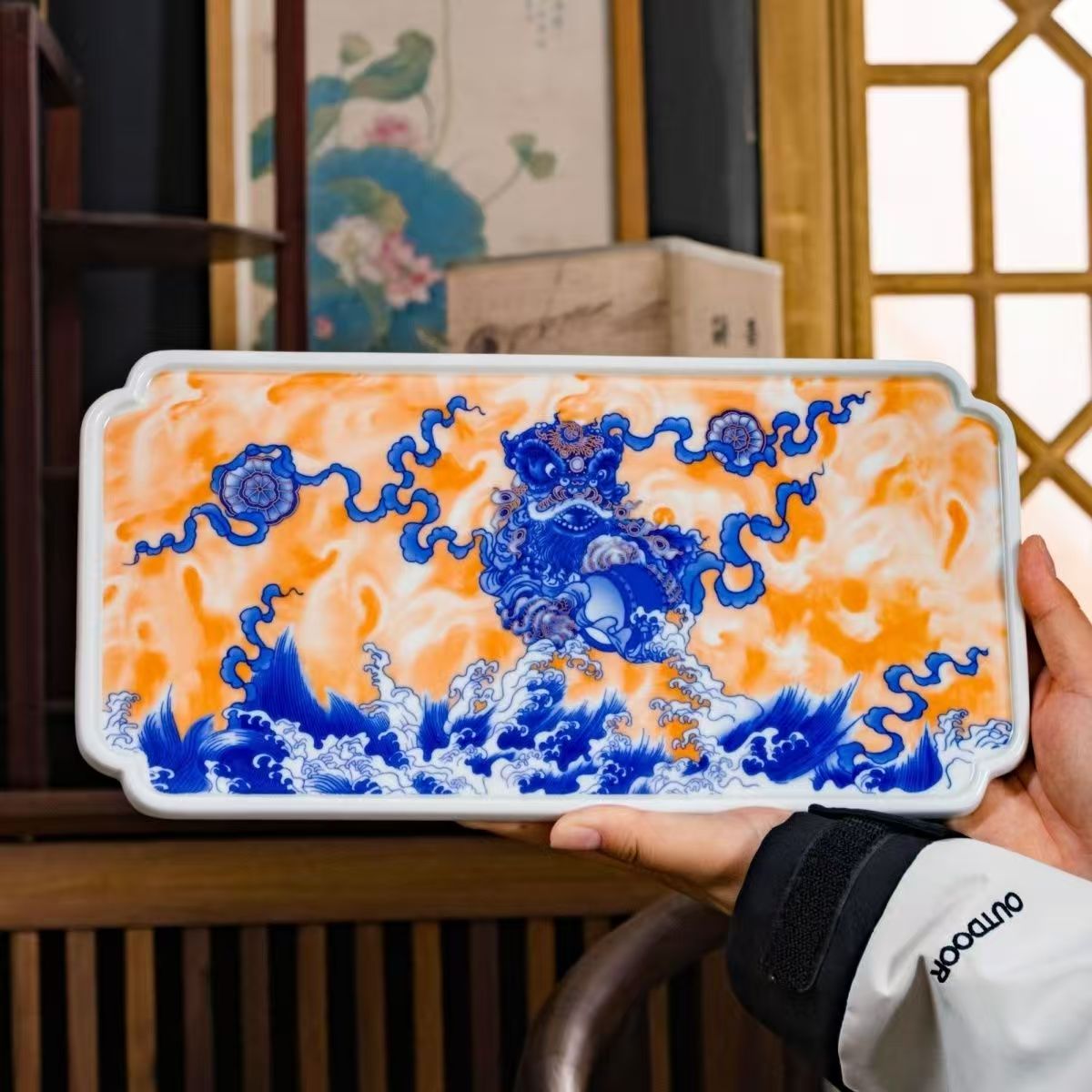 景德镇钒红醒狮茶盘 干泡台 复古 家用 简约 长方形