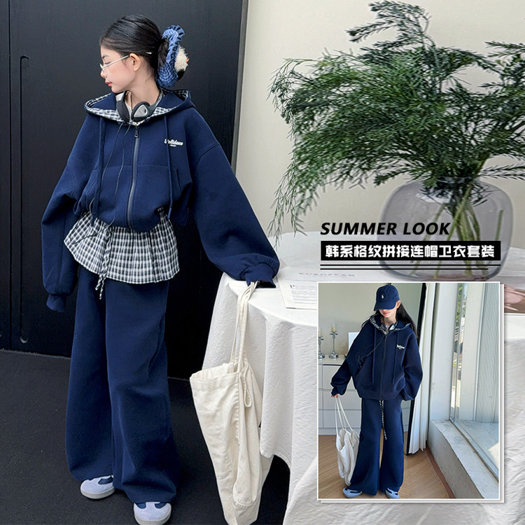 女童亲子同款25年秋季新品藏青色卫衣格子屁帘套装宽松韩系拼接