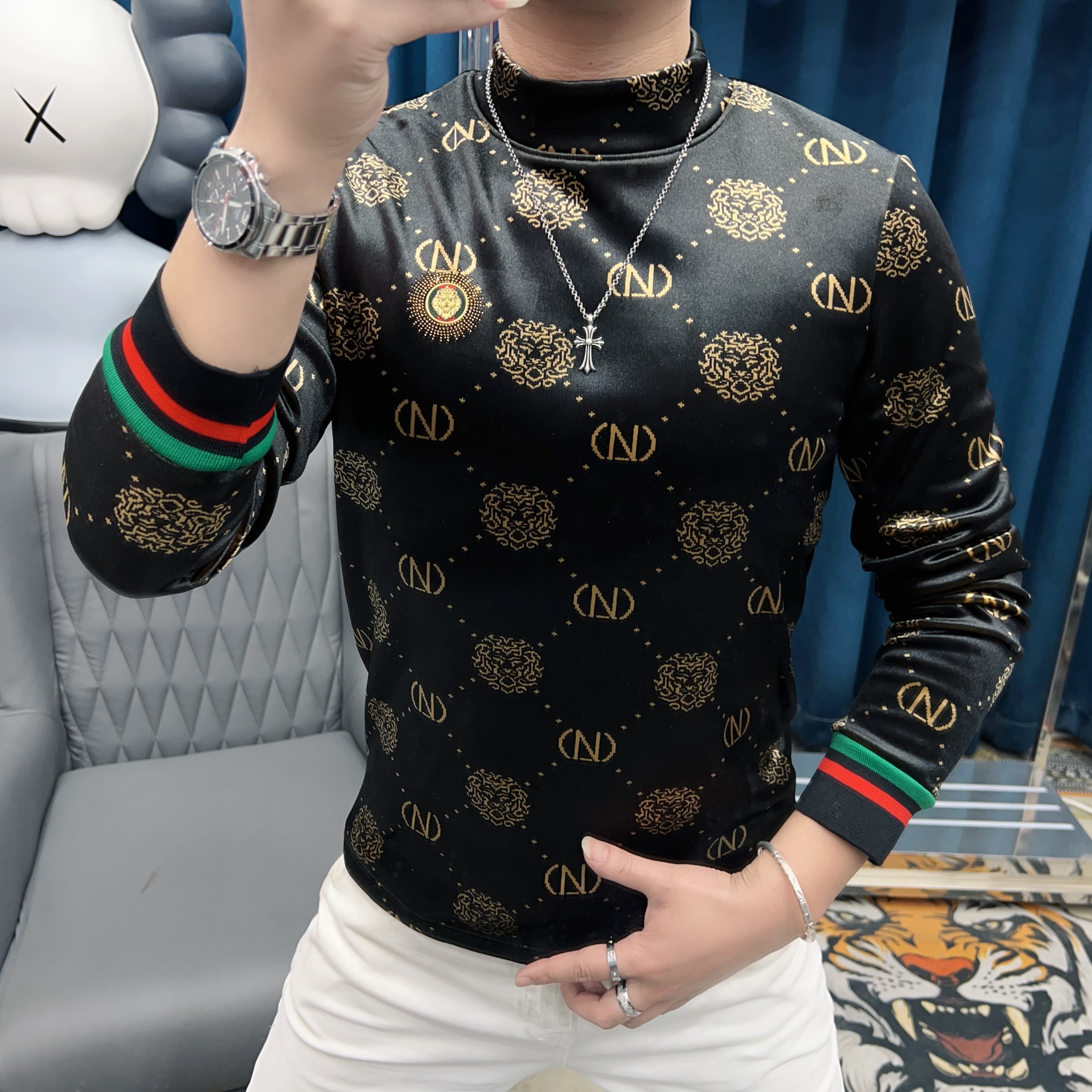 浩哥欧货长袖衬衫假两件上衣休闲卫衣网红秋百搭潮流商务轻奢修身