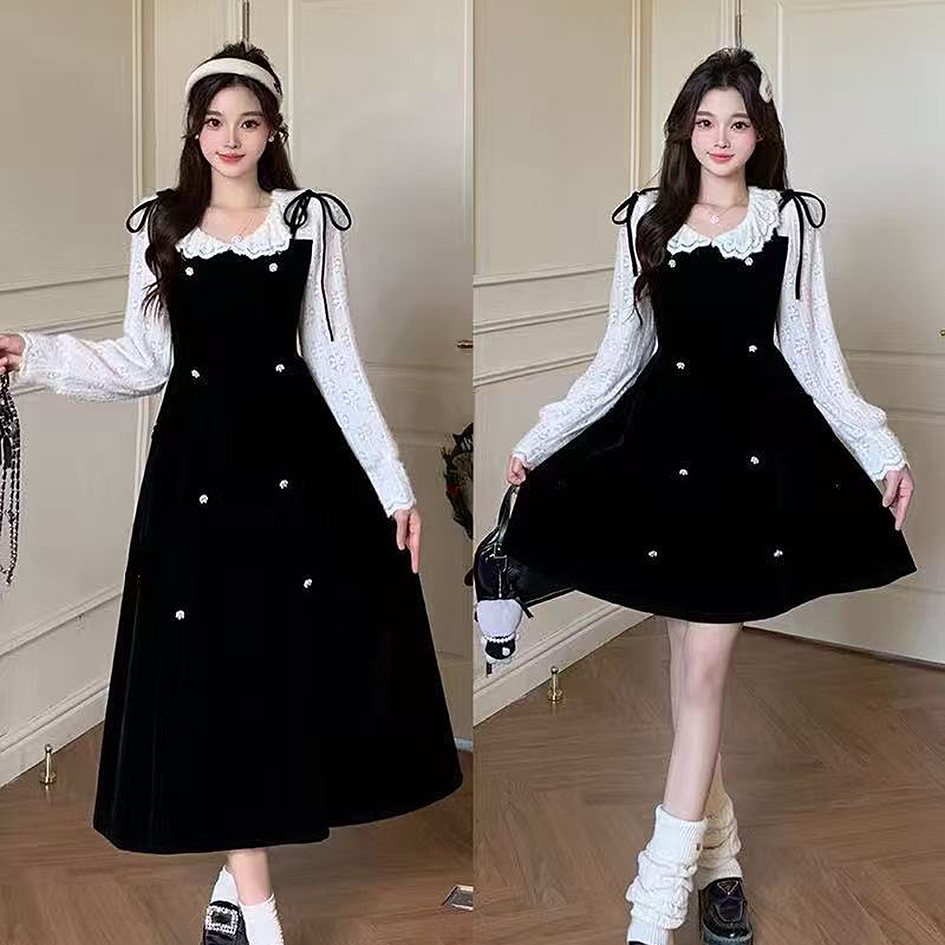 微胖mm大码女装圣诞春季丝绒法式收腰显瘦减龄长裙假两件连衣裙22