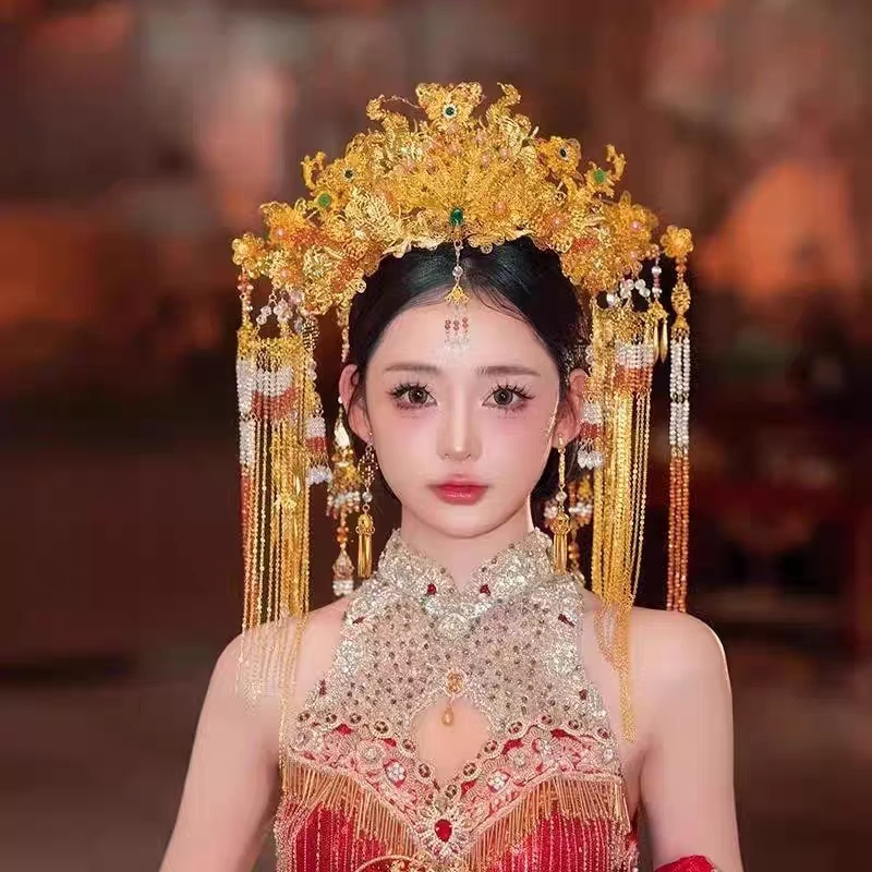 z8191中式新娘头饰重工奢华金色流苏凤冠古装龙凤褂新娘头饰