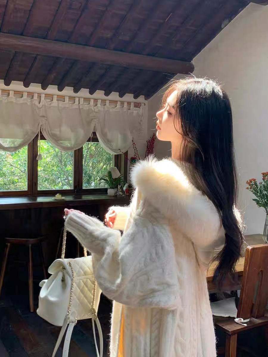 韩系秋冬麻花连帽慵懒风超重工超大毛领针织毛线长款女