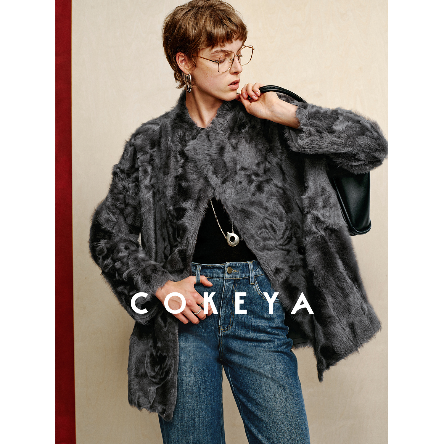 COKEYA/限量“软金”~小湖羊皮毛一体双面穿中长款皮外套女秋