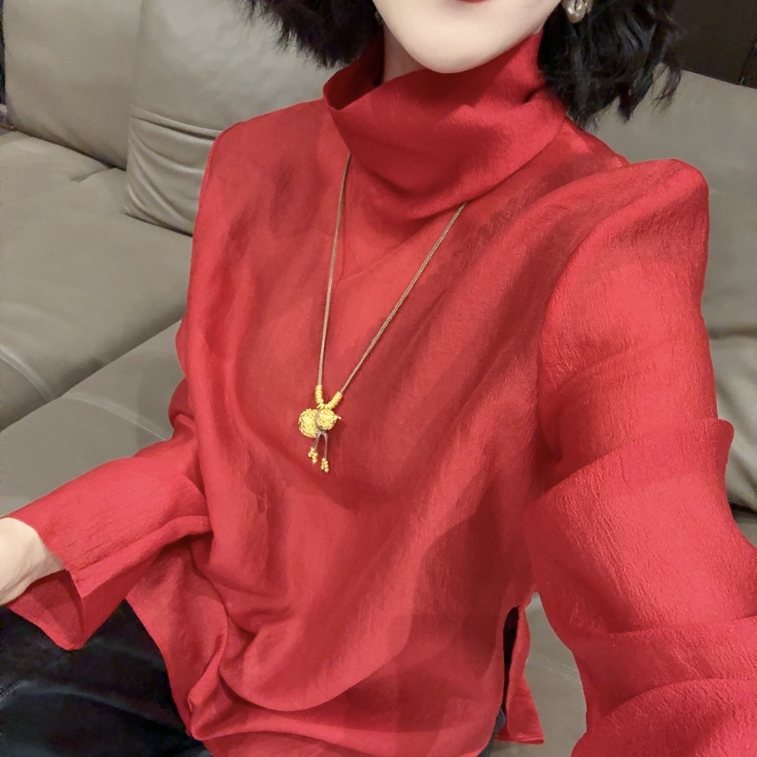 新年红正红轻薄立领压褶开叉中长款打底中式上衣