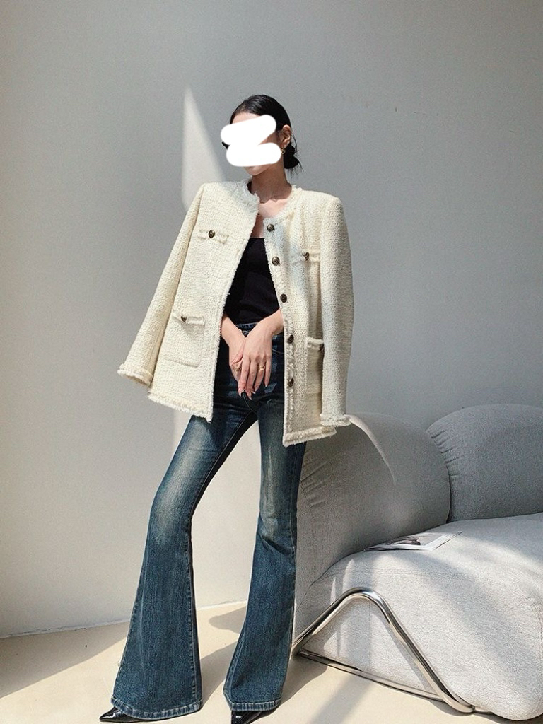 韩版休闲小香风外套秋冬新款粗花圆领