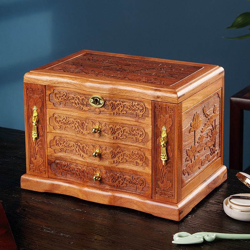 缅甸花梨木首饰盒实木收纳盒饰品盒带锁多层大容量结婚陪嫁珠宝箱