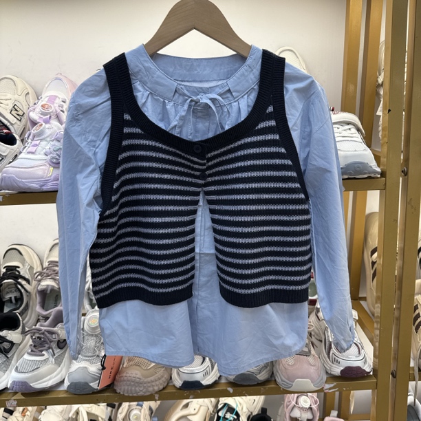 大童女童秋季新款条纹衬衣针织时尚休闲百搭韩版