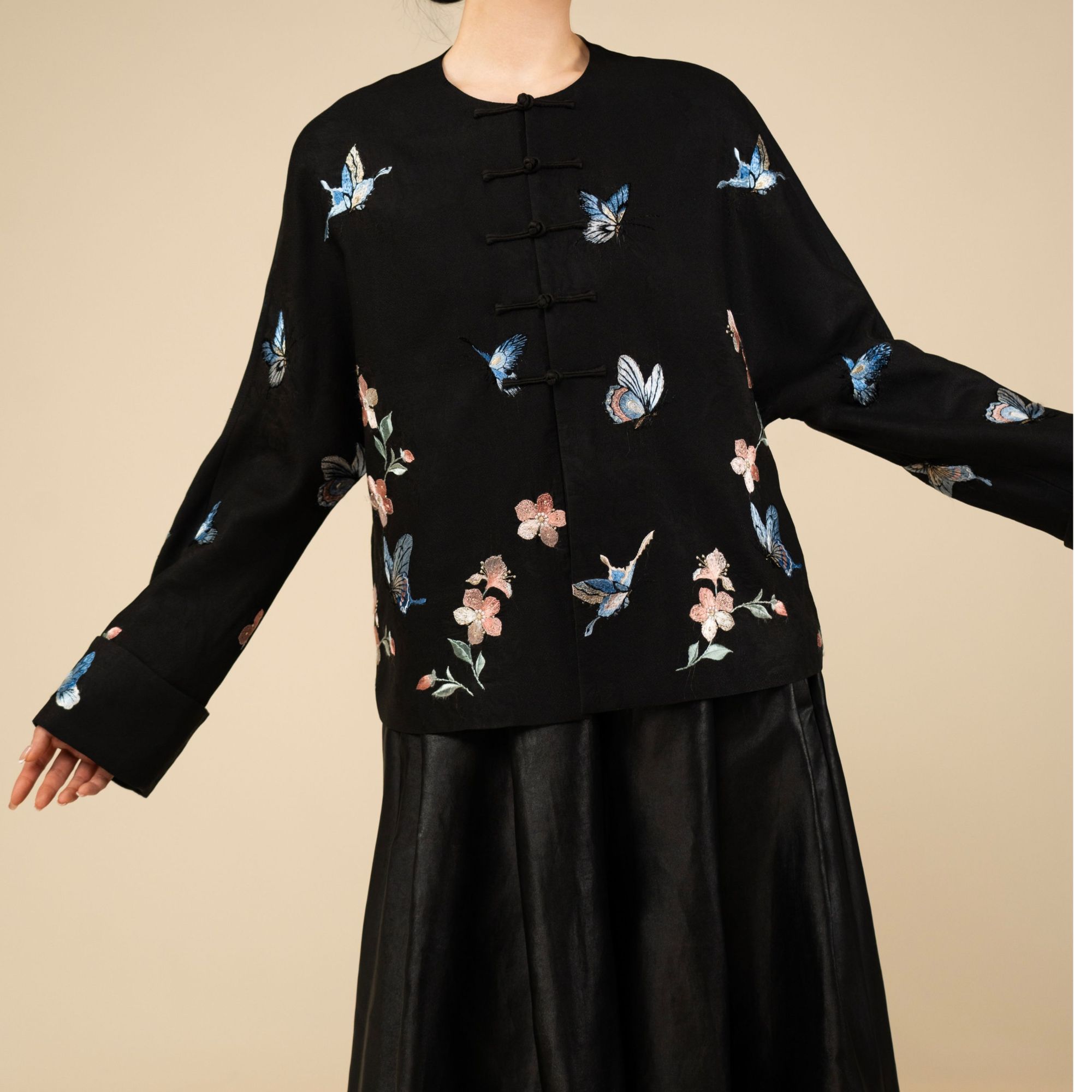 【栖香锦】香云纱花罗 刺绣 百蝶 新中式合 唐装上衣