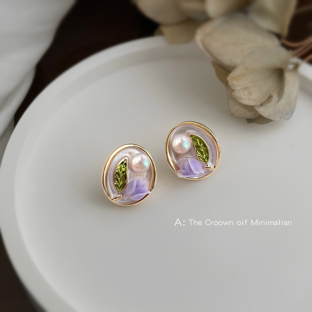 925银珐琅耳饰 淡水珍珠紫色郁金香手工彩绘珐琅滴釉油画感耳钉