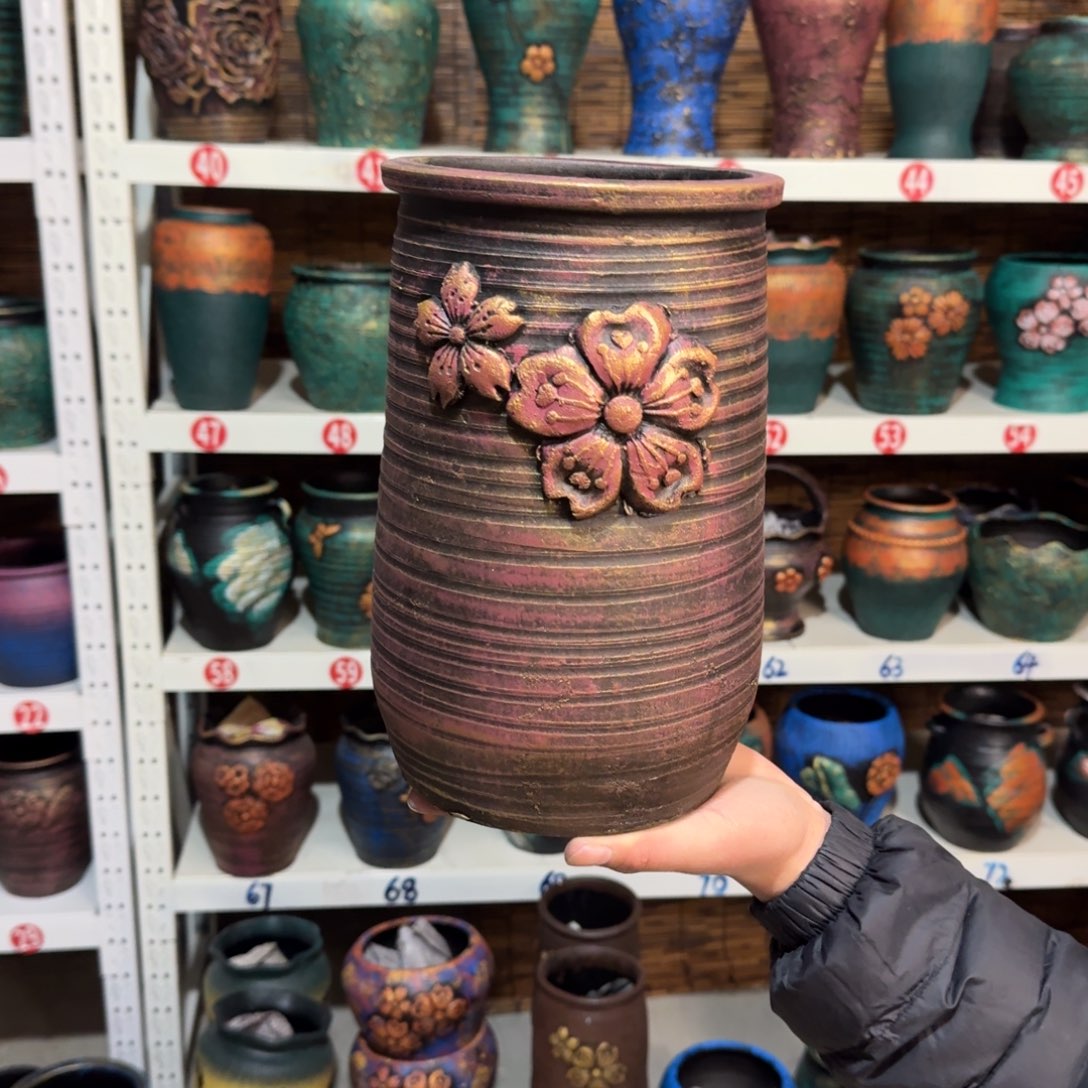 红陶红陶浮雕花盆炸炸炸炸