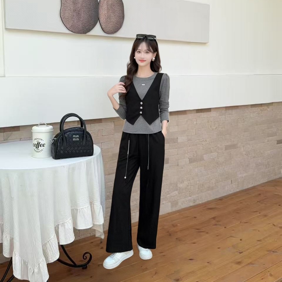 [婷婷家]休闲常规款假两件长袖阔腿裤套装（两件套，配腰带）