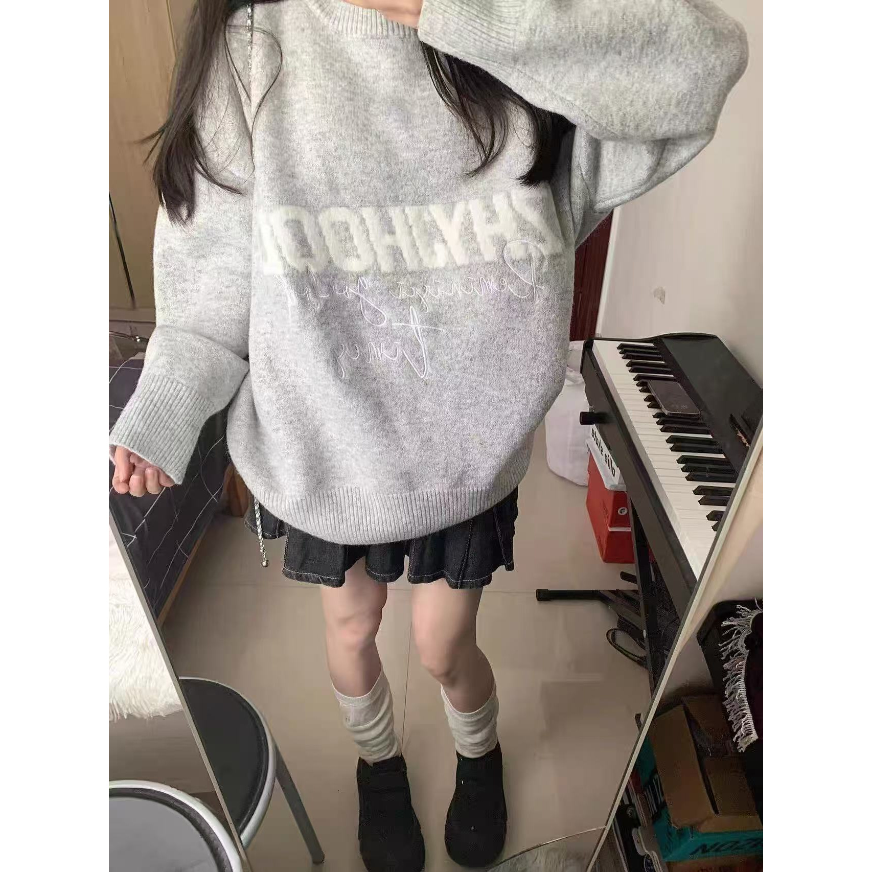 0007 Y100字母圆领毛衣女秋冬慵懒风温柔软糯百搭针织衫J2