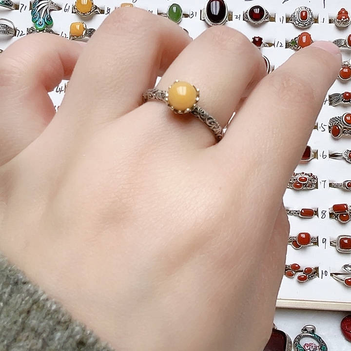 蜜蜡戒指银S925镶嵌天然