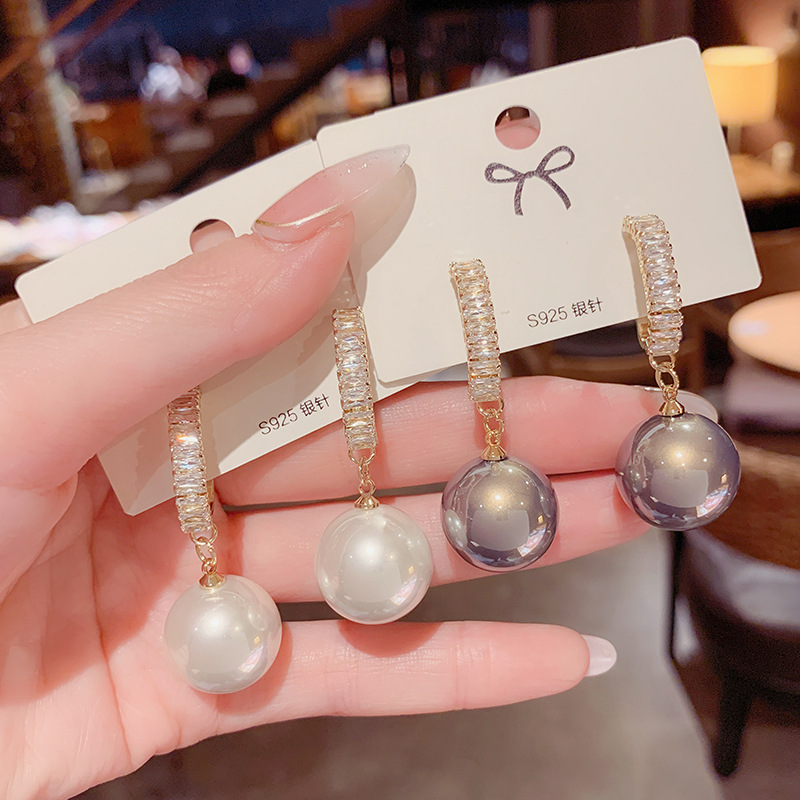 黄铜合成锆石耳饰 韩版C型珠珠耳圈耳环高质感925银针耳钉耳饰