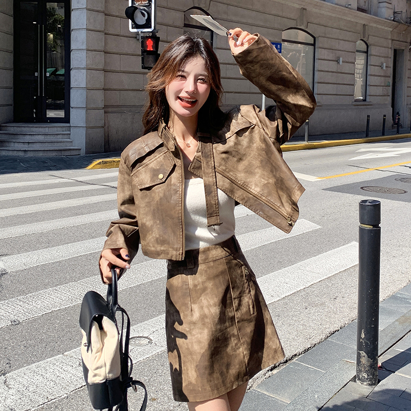 美拉德皮衣外套短裙套装女春季2025新款一整套韩系穿搭高级两件套