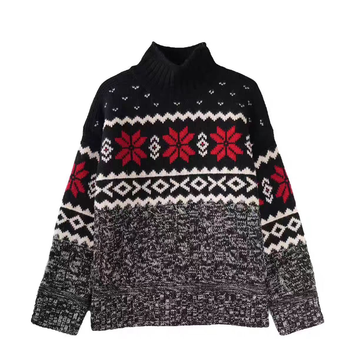 【川白—糯】费尔岛重磅提花加厚长袖针织时尚女士宽松新款宽松套头