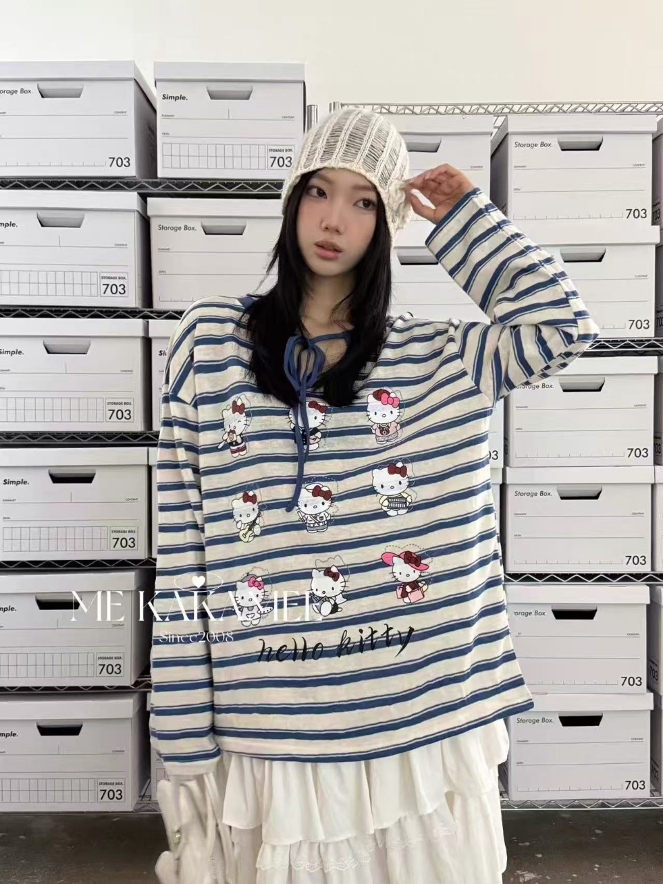  小慧 可爱猫咪条纹九宫格两面穿长袖 kd24
