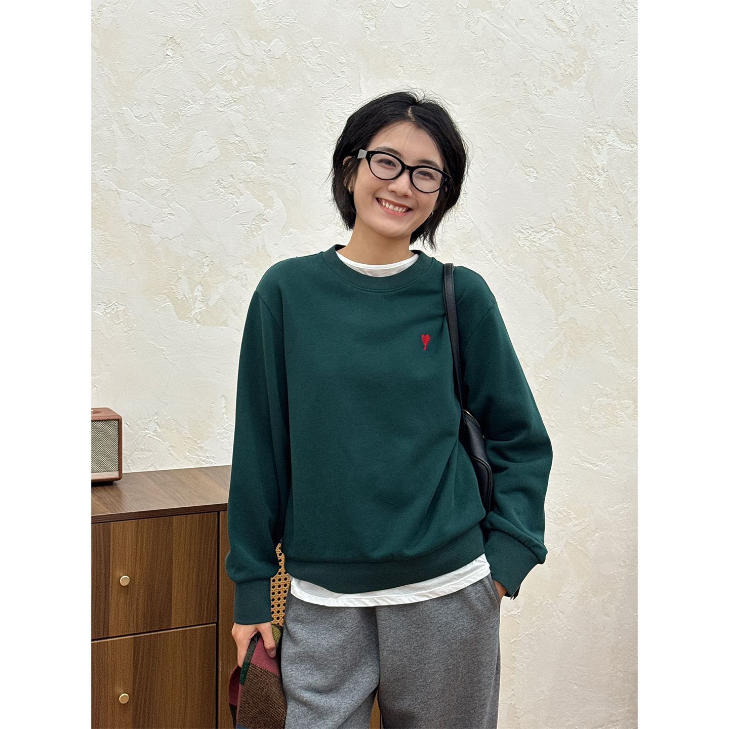 LANGQING 小爱心刺绣纯棉宽松休闲百搭圆领卫衣46843#