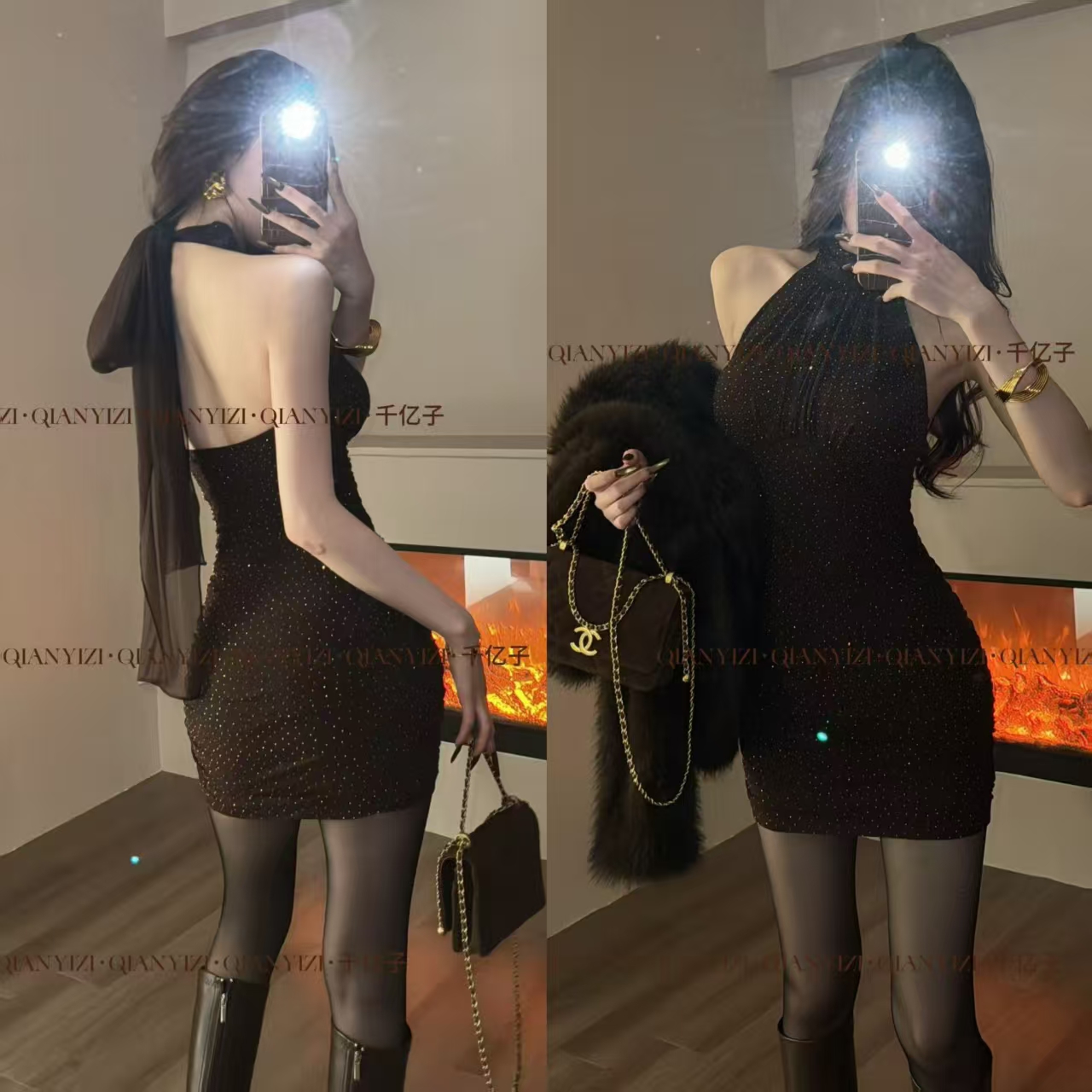 千亿【星辰】原创钻饰挂脖修身包臀短款连衣裙