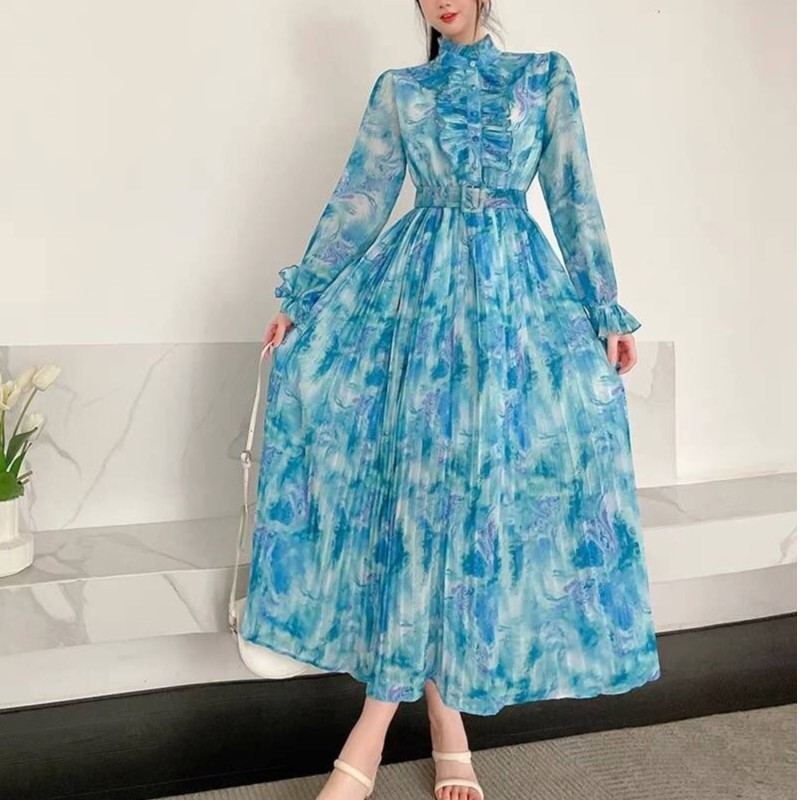 印花百褶裙法式轻奢气质淑女大摆长裙2025春新款GL228