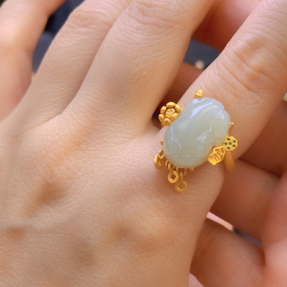 和田玉戒指银S925镀金镶嵌