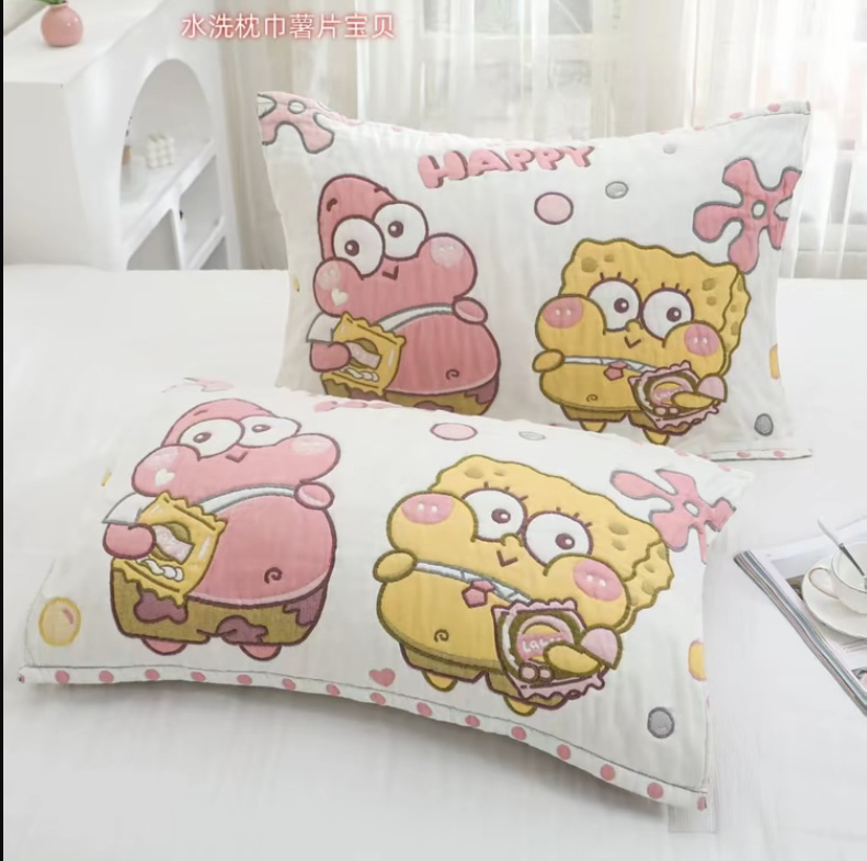 零食宝贝直边泡芙枕巾(一对装)卡通可爱风成人学生柔软透气