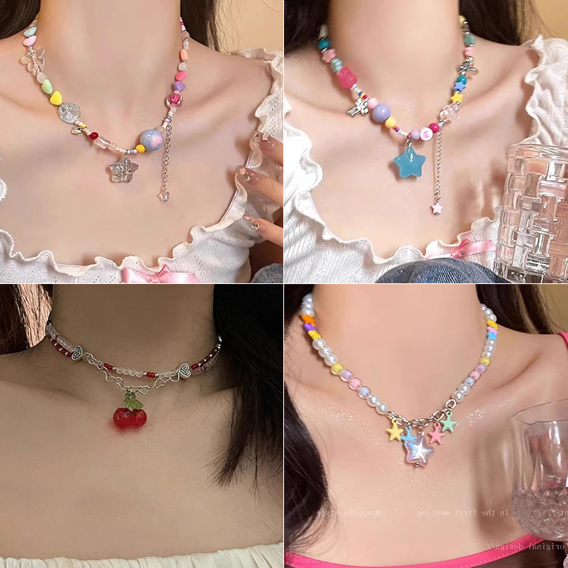 合金项链 多巴胺彩色星星珍珠项链甜美时尚气质锁骨链高级感饰
