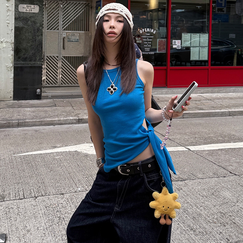 *辣妹的夏天*时髦街头针织显瘦纯色不规则设计感收腰绑带上衣背心