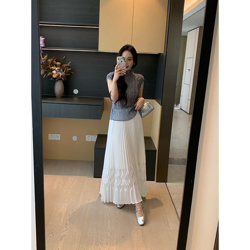 XINYI【暗黑格调】夏季格纹小衫女+百叶半裙显瘦套装X625A07774