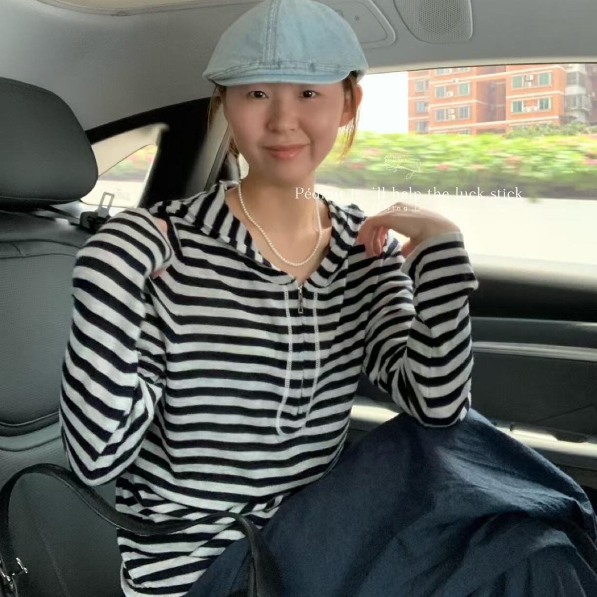 “哈呐家”6羊毛条纹拉链连帽条纹长袖慵懒风带帽短款显瘦纯欲风