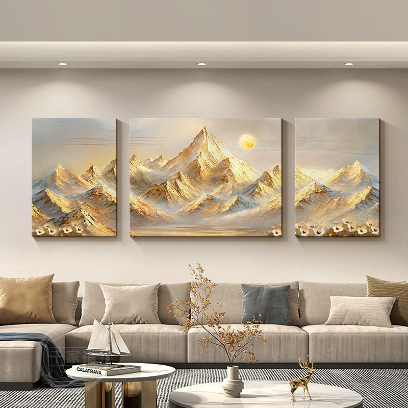 高级感日照金山客厅装饰画轻奢大气山水画沙发背景墙面挂画三联画