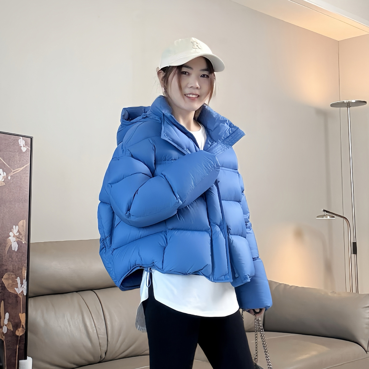 [95白鹅绒]蓝色短款羽绒服女2025年冬季新款小个子连帽面包服外套