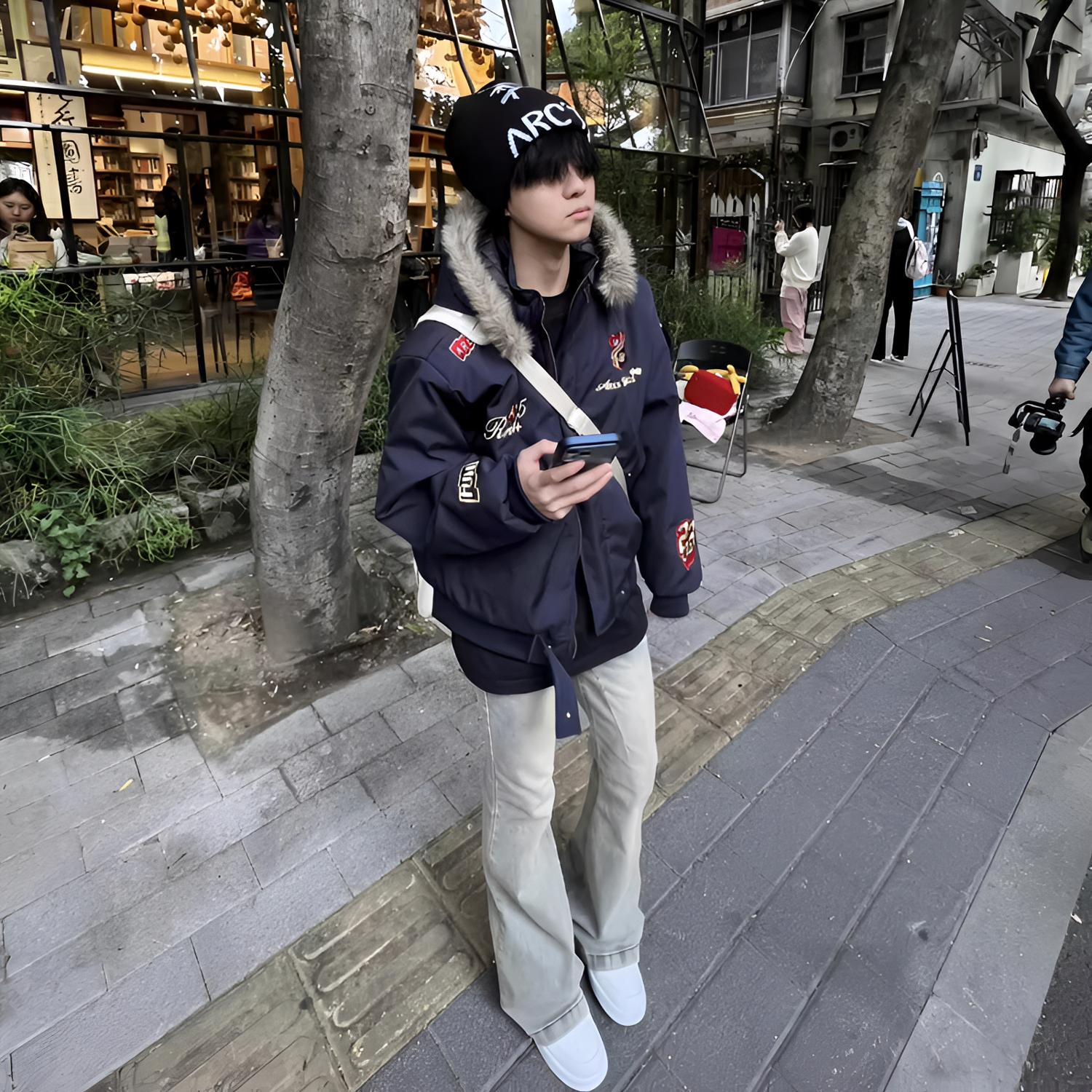 FIPU冬季美式复古刺绣徽章座山雕棉衣外套情侣百搭保暖连帽外套