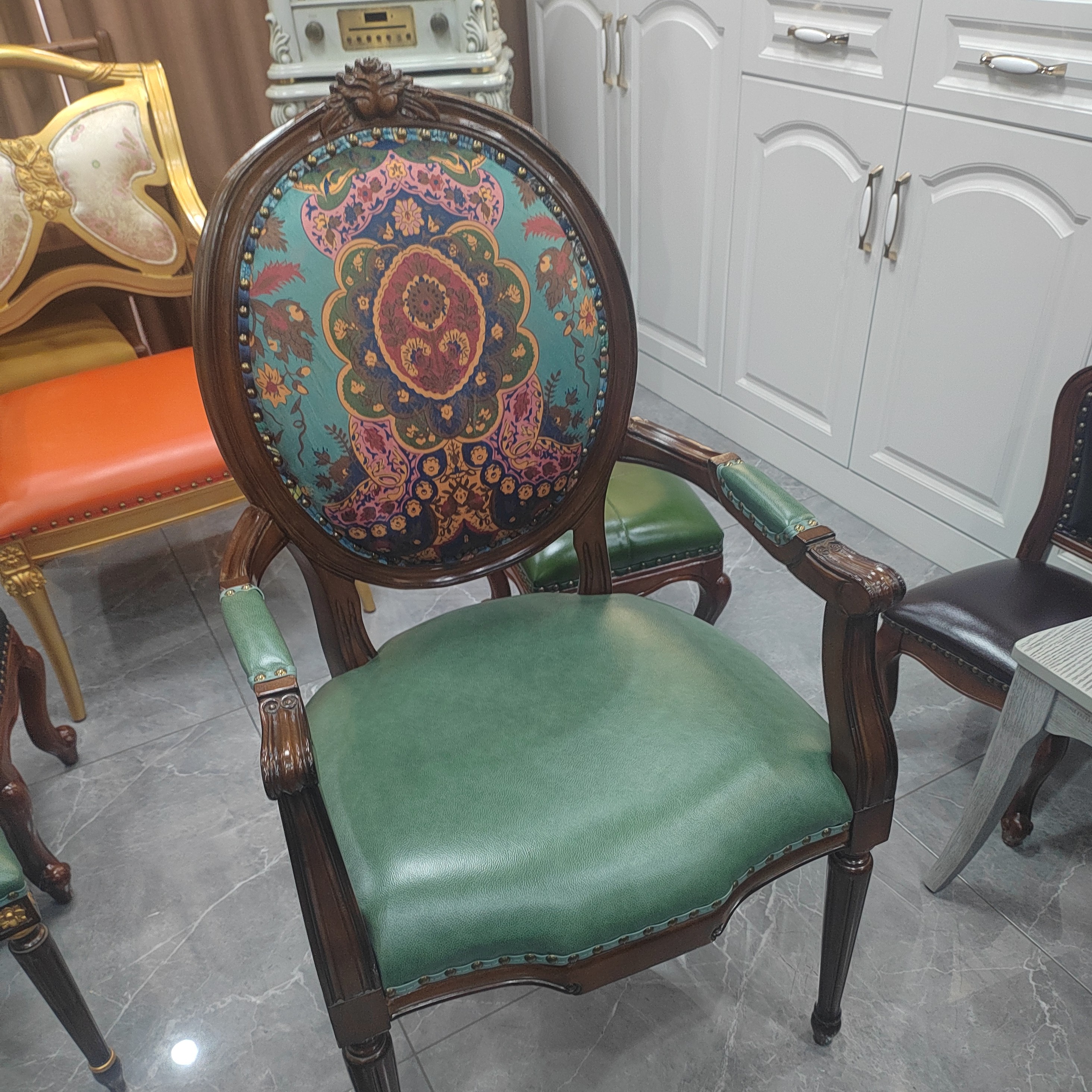 美式复古做旧全实木扶手餐椅真皮靠背咖啡椅酒店餐厅家用椅子