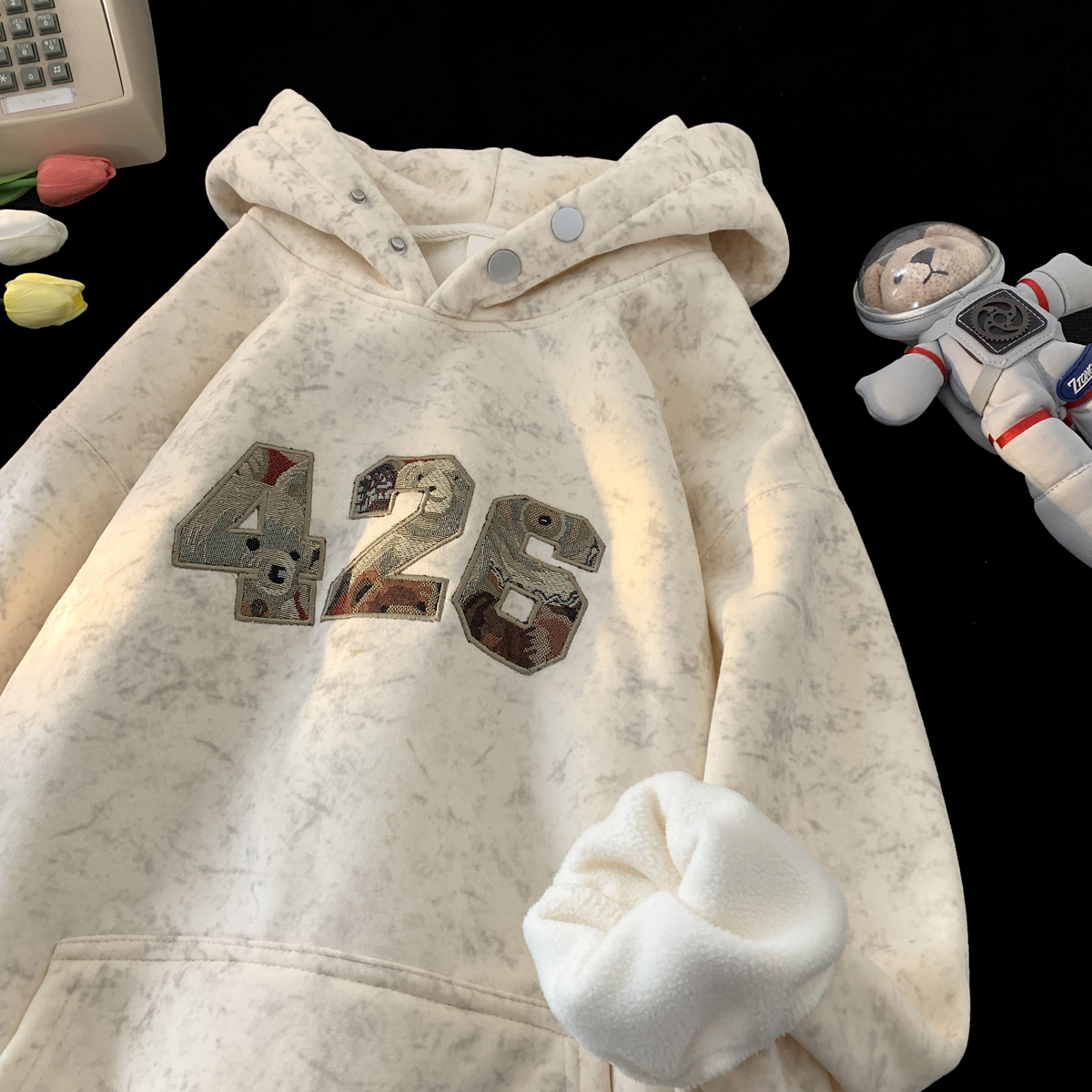 秋冬加绒加厚扎染贴布刺绣连帽卫衣男士百搭宽松美式潮牌帽衫上衣
